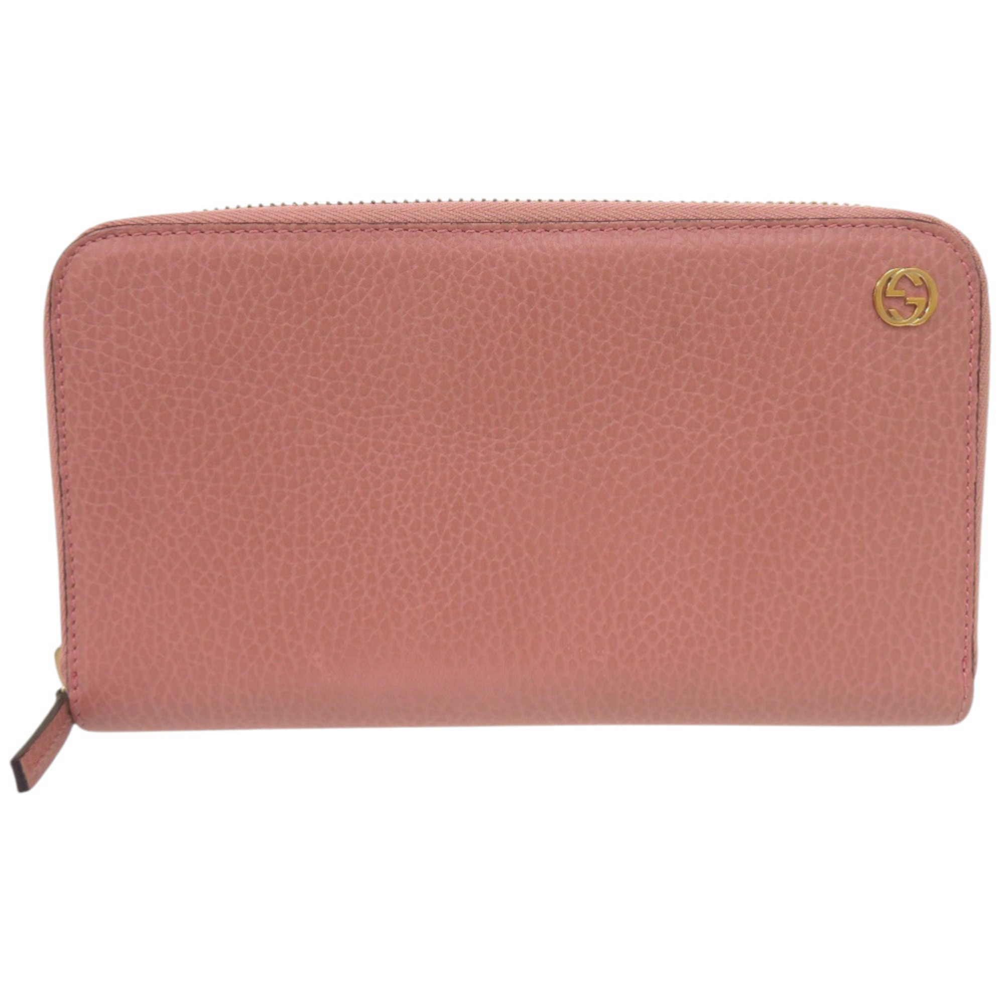 Gucci Round Zip Interlocking 449347 525040 Long Wallet Calfskin Pink 0948gucci